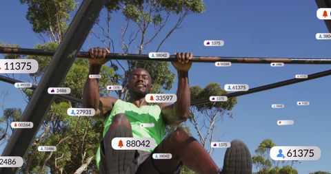 African American Athlete Exercising with Social Media Interactions