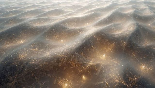Shimmering abstract ripple field with luminescent orbs and golden filament network