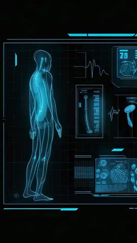 Displaying rotating holographic human model monitoring heart rate with ECG waveform