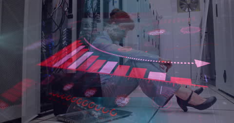 Stressed Businesswoman Linked to Economic Data in Server Room Analysis