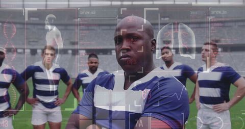 Rugby Team with Futuristic Data Overlay on Field