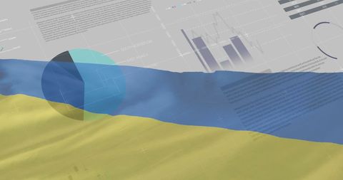 Financial data processing overlaid on ukraine flag concept