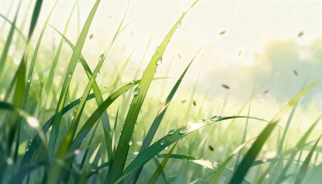 Glistening dew on meadow grass at sunrise, floating seed heads and soft bokeh