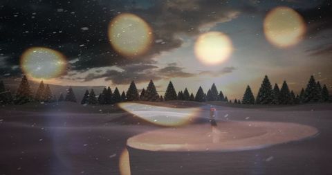 Solitary figure standing on frozen pond at snowy twilight with forest bokeh lights