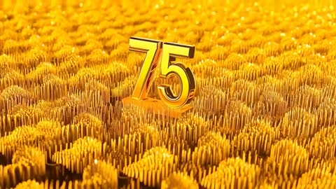 Rotating Polished Gold 75 Numeral Pushing-In Over Dynamic Golden Rod Field, Cinematic Loop