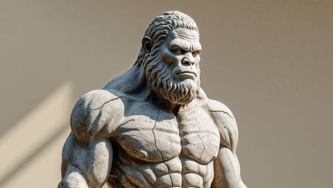 Intricate stone sculpture of muscular ape-like figure in gallery