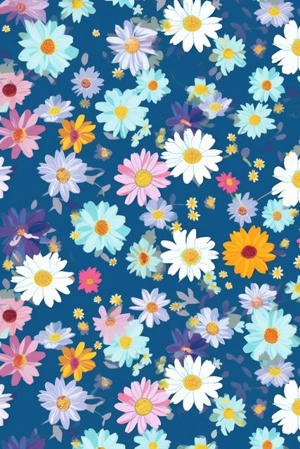 This vibrant floral pattern features colorful blossoms scattered across a deep blue background. Ideal for use in textile design, wallpapers, and stationary. Perfect for greeting card templates, invitations, or any project requiring a lively, nature-inspired art. It evokes the freshness of spring and the joy of summer.