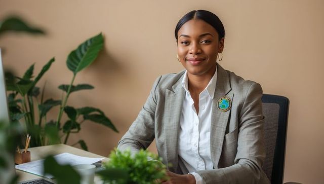 Smiling professional woman wearing globe lapel pin working at modern green office desk