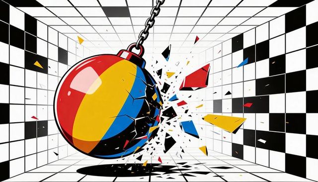 Vibrant wrecking ball smashing checkerboard chamber, colorful shards exploding in motion