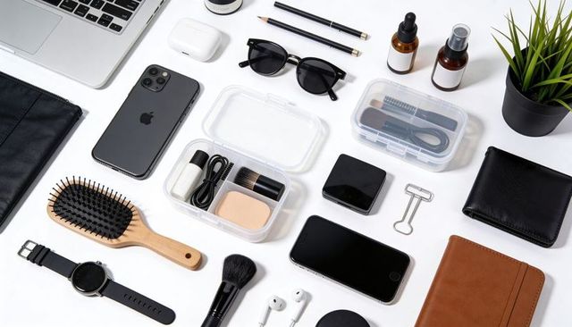 Organized flat-lay featuring tech gadgets and makeup essentials on white workspace