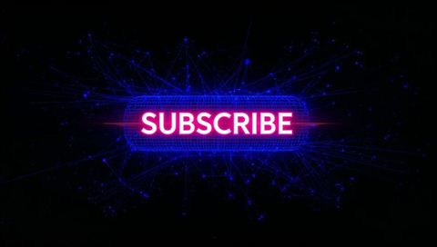 Glowing neon subscribe button surrounded by blue wireframe network and digital nodes