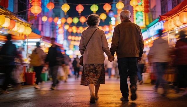 Senior couple holding hands walking through vibrant lantern-lit night market at dusk
