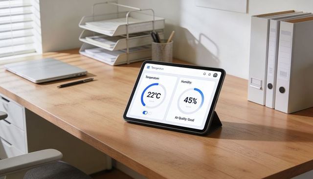 Smart Home Tablet Displaying Temperature and Humidity Dashboard on Wood Home Office Desk