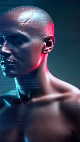 Vertical cybernetic humanoid nodding, scanning with glitch effects under cyan pink rimlight