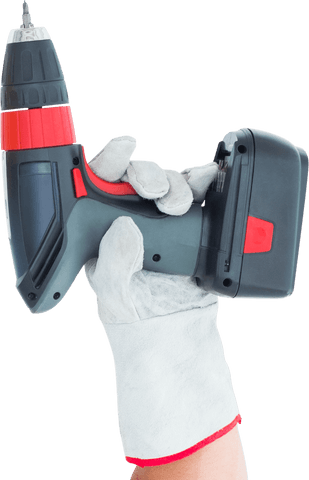 Hand in glove holding cordless drill transparent background