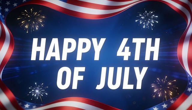 Happy 4th of july patriotic banner with fireworks and waving american flag ribbons