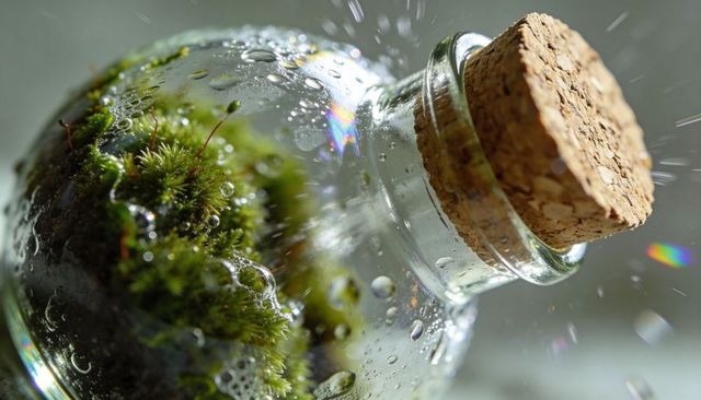 Macro moss terrarium bottle with cork stopper and splashing water droplets closeup
