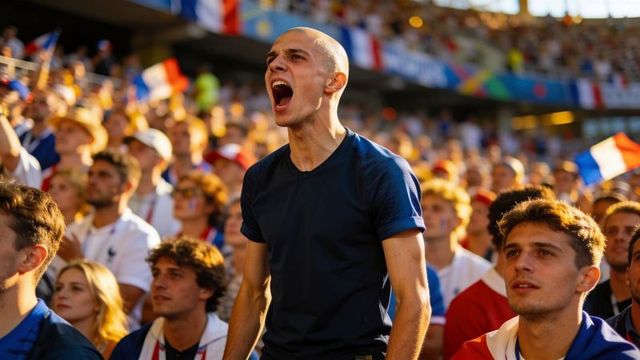 Shouting bald sports fan cheering passionately in stadium with french flags and crowd