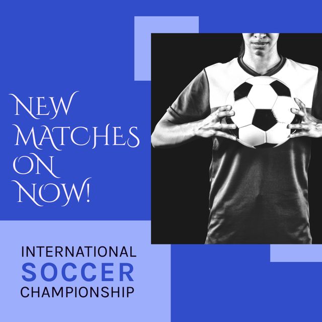 Image showing an announcement for new matches in an international soccer championship. Features a Caucasian football player holding a ball. Ideal for use in promotional materials, ads, social media posts, sports events, and notifications about upcoming soccer matches.