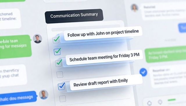 Showing communication summary checklist in workspace UI with checked tasks and team avatars