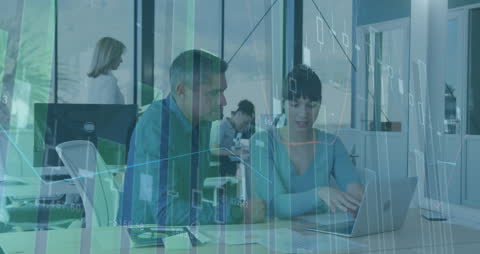 Diverse Team Analyzing Digital Reports with Growth Graph Overlay