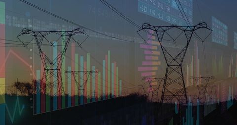 Financial Data Overlaid on Electricity Pylons at Dusk - Download Free Stock Images Pikwizard.com