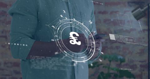 Man using smartphone with technology and pound currency symbol overlay