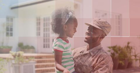 father and daughter experiencing heartfelt reunion in front of a suburban home. ideal for use in family bonding, military appreciation, and veterans day themes. evokes emotions of love, pride, and family values, suitable for promotional campaigns focusing on family support of military members.