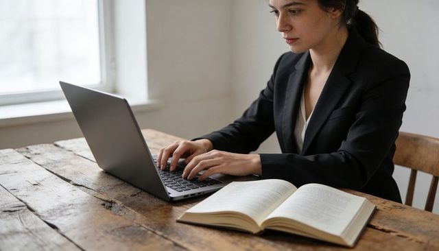Female professional typing on laptop at rustic wooden table with open book and daylight
