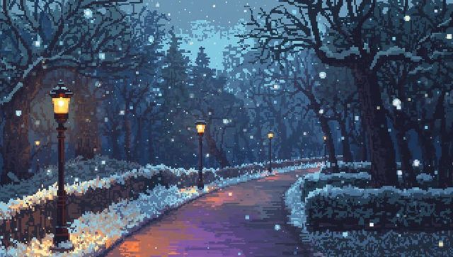 Snowy pixel park pathway glowing under amber lampposts at twilight