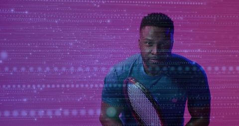 Athlete Posing With Tennis Racket Amidst Futuristic Digital Background