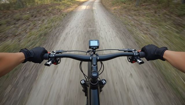 Riding mountain bike along forest trail with gps cycling computer and gloved hands