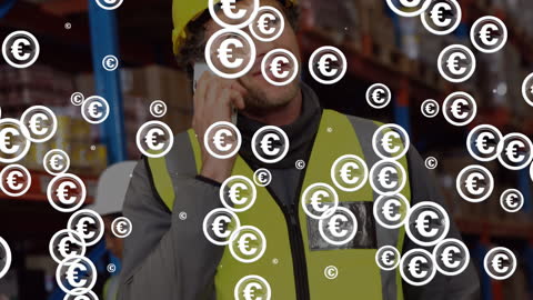 Warehouse Worker Engaged in Conversation with Euro Symbol Animation
