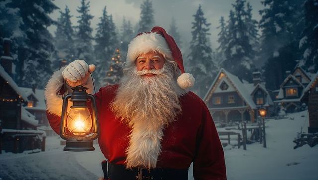 Jolly Santa with Lantern in Snowy Winter Village