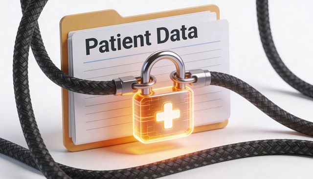 Securing patient data with glowing medical padlock and locked folder tied by cables