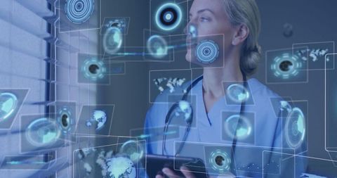 Healthcare professional analyzing digital data panels in clinical setting