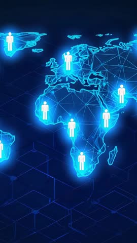 Vertical futuristic wireframe world map with pulsing human icons connecting global network