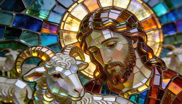 Bearded good shepherd with lamb in iridescent stained glass halo mosaic backlit tesserae