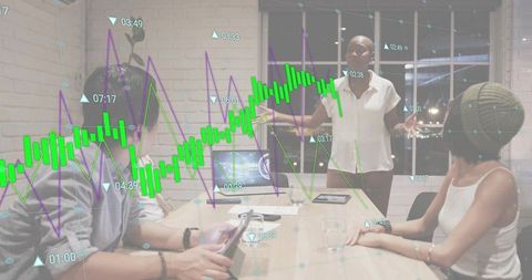 Presenting Businesswoman Leading Team Meeting with Financial Charts and Candlestick Graphs
