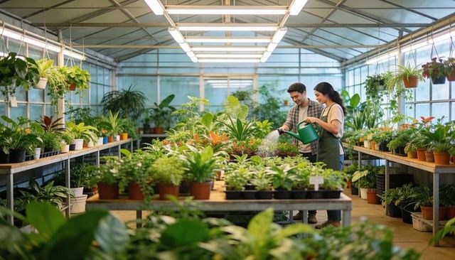 Greenhouse gardeners watering potted plants together with green watering can