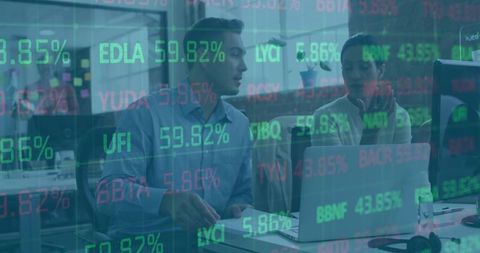 Corporate team analyzing stock data in open office setting