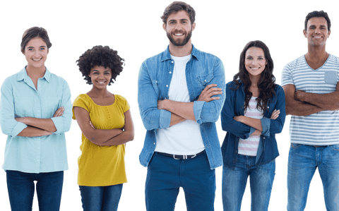 Transparent diverse group of casual colleagues smiling confidently