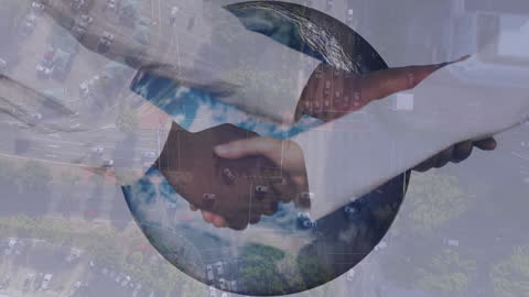 Business Handshake Overlayed on Globe and Cityscape
