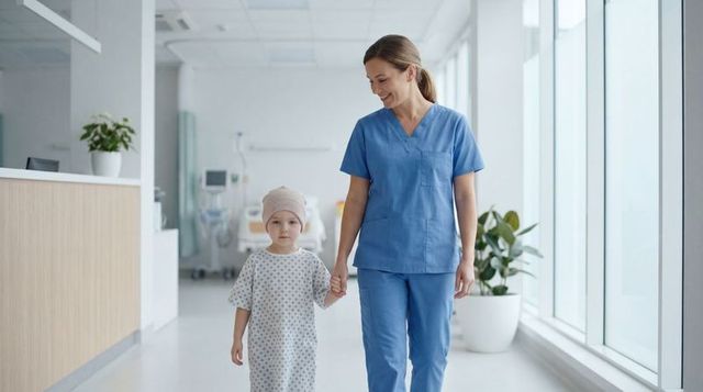 Nurse walking holding child patient hand in bright hospital corridor showing compassion