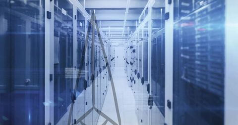 Futuristic Data Center Corridor with Glass Server Racks