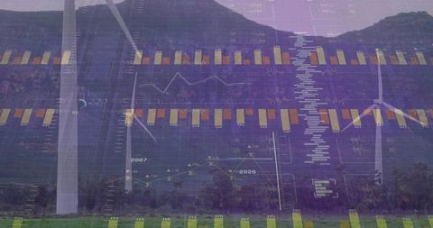 Wind turbines spinning with orange bar charts and purple data overlay for energy analytics