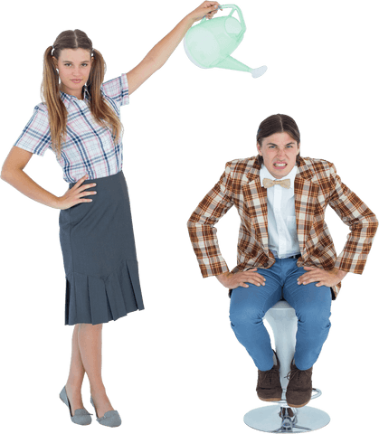 Quirky Student Couple with Watering Can on Transparent Background