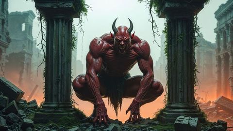 Fantasy Red Demon Crouching in Ancient Ruins
