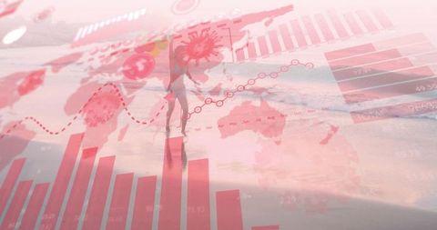 Female surfer silhouette balancing on surfboard with global data and charts overlay in pink seascape