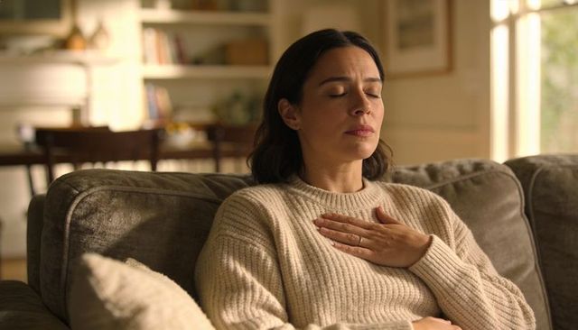 Adult woman practicing deep breathing on sofa in cozy minimalist living room